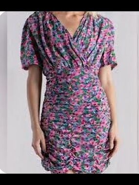 NWT Sz M Lena Pink Multi Floral Ruched Mini Dress, Lined
